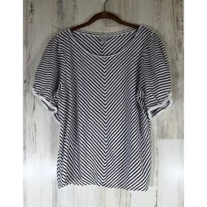 Chicos Blouse Size 2 or Large Black White Stripe Puff Sleeve Frayed Fringe Hem